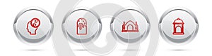 Set line Yin Yang, Easter cake, Hindu spiritual temple and Muslim Mosque. Silver circle button. Vector