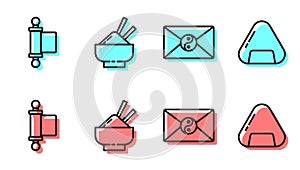 Set line Yin Yang and envelope, Decree, paper, parchment, scroll, Rice in a bowl with chopstick and Sushi icon. Vector