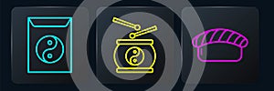 Set line Yin Yang and envelope, Sushi and Chinese drum. Black square button. Vector