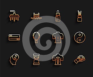 Set line Yin Yang, Old hourglass, Shower head, Massage stone therapy, Lotus flower, Sauna broom, and icon. Vector