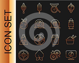 Set line Yin Yang symbol, ice bowl with chopstick, Chinese paper lantern, Gong musical instrument, Peach fruit or