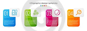 Set line Yogurt in bottle with spoon, ABC blocks, Beach ball and Sperm. Business infographic template. Vector