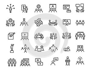 Set of linear business training icons. Workshop icons in simple design. Vector illustration