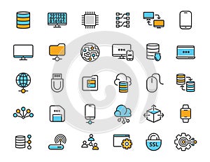 Set of linear computer technology icons. Database icons in simple design. Vector illustration