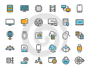 Set of linear computer technology icons. Database icons in simple design. Vector illustration