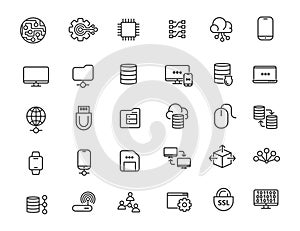 Set of linear computer technology icons. Database icons in simple design. Vector illustration