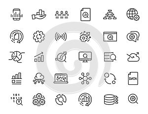 Set of linear data processing icons. Analysis icons in simple design. Vector illustration