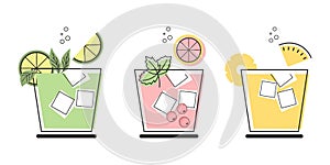 A set of linear drawings of refreshing fruit cocktails with different drinks, ice cubes, straws and umbrellas. Drinks icons