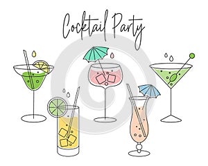 A set of linear drawings of refreshing fruit cocktails with different drinks, ice cubes, straws and umbrellas. Drinks icons