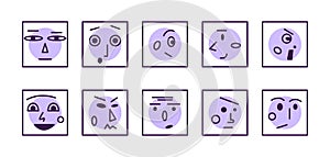 Set of linear faces and emotions. Flat vector illustration. Icon collection