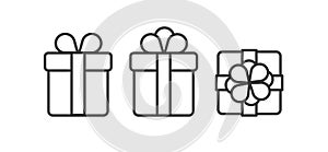 Set of linear gift boxes icons, side and top views with different bows, simle graphic element