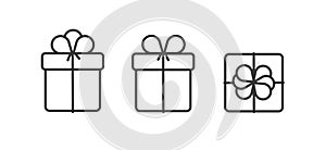 Set of linear gift boxes icons, side and top views with different bows, simle graphic element