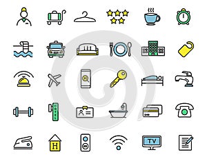 Set of linear hotel icons. Travel icons in simple design. Vector illustration