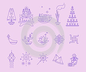 Set of linear icons for celebration of Diwali. Deepavali, festival of lights - indian traditional symbols, outline style photo