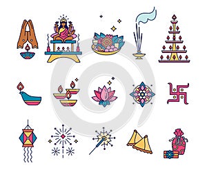 Set of linear icons for celebration of Diwali. Deepawali, festival of lights - indian traditional symbols, bright palette