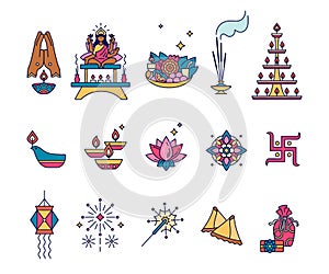 Set of linear icons for celebration of Diwali. Deepawali, festival of lights - indian traditional symbols, bright palette photo