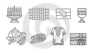 Set of linear icons for celebration of Kwanzaa. Kwanza, festival of african-american unity - outline traditional symbols