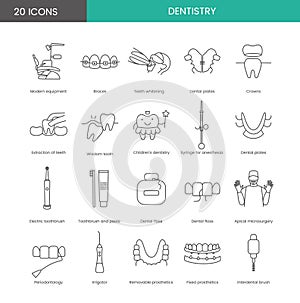 A set of linear icons for a dental clinic includes modern equipment, braces, teeth whitening, wisdom tooth, children