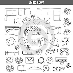 Set of linear icons for Interior top view plans