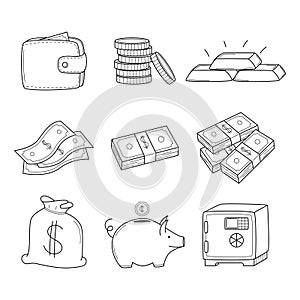 A set of linear icons with money, coins, bills, bundles of banknotes, a piggy bank, cash, a wallet. Business, bank