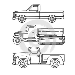 Set of linear icons of old trucks for coloring. Vector illustration