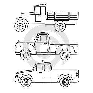 Set of linear icons of old trucks for printing. Vector illustration