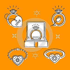 Set of linear icons on the theme of jewelry on an orange background. Ring box. Vector illustration