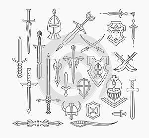 Set of linear medieval weapon and shields