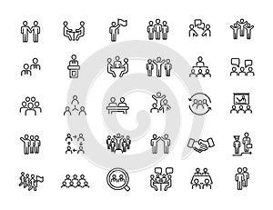 Set of linear meeting icons. Training icons in simple design. Vector illustration