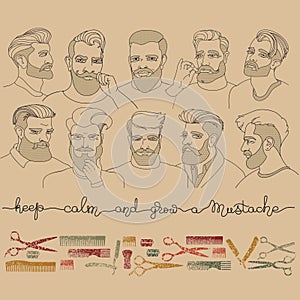 Set of linear men and barber tools. Outline vector illustration.