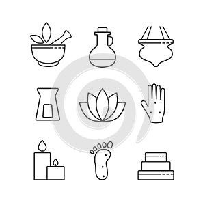Set of linear outline alternative medicine and spa icons, vector
