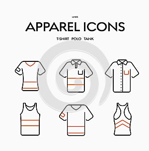 Set of linear vector icons for t-shirts, polo and tank.