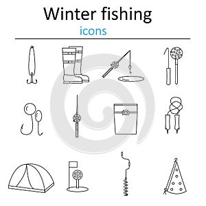 Set of linear web icons winter fishing. Accessories for fishing on the ice.