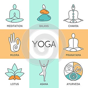 Set of linear yoga icons, yoga logos in outline style.