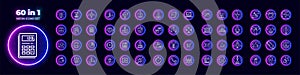 60 in 1 set of lineart vector icons in cyberpunk neon glow style. Related to business, financial, organizational themes photo