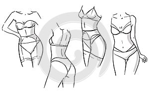 Set of linerie sets, females wearing underwear vector sketch