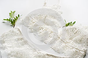 Set of lingerie, beige with black white ribbons. On white background decorated with green sprig of pistachios