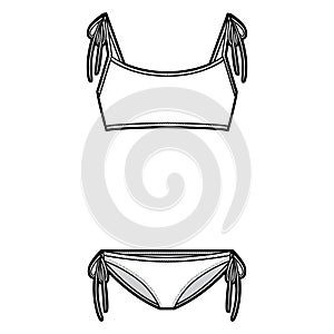 Set of lingerie - bra top and string bikinis panties technical fashion illustration with adjustable tie straps brassiere