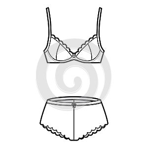 Set of lingerie - bra underwire and french knickers technical fashion illustration with escalloped edge. Flat brassier