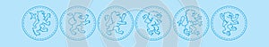 Set of lion rampant cartoon icon design template with various models. vector illustration isolated on blue background