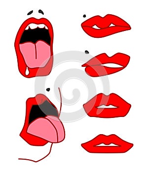 Set of lips, open mouth with tongu, expressing different emotions. Vector
