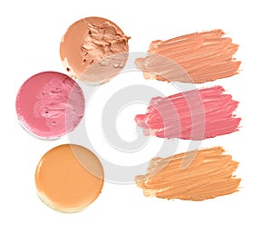 Set of lipstick swatches isolated on white background.