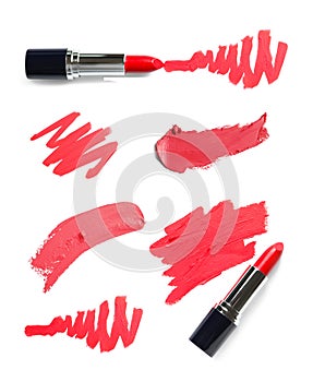 Set of lipstick tubes and swatches on white background