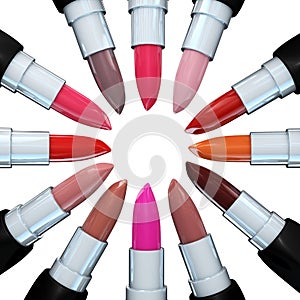 Set of lipsticks in a circle isolated on white. 3d illustration of lipstick.