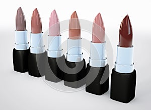 Set of lipsticks nude colors. Beige lipstick in a row isolated on white. 3d illustration of lipstick natural color.