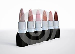 Set of lipsticks nude colors. Beige lipstick in a row isolated on white. 3d illustration of lipstick natural color.