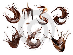 Set of liquid brown coffee or chocolate splashes and drops on white background vector