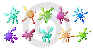 Set of Liquid colorful slime in cartoon style. Fluid mucus drip, splatter or splash isolated on white background. Sticky