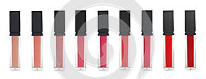 Set of liquid lipstick tubes on white
