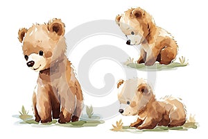 Set of little bear cub in different poses in style watercolor, cute and curious, white background
